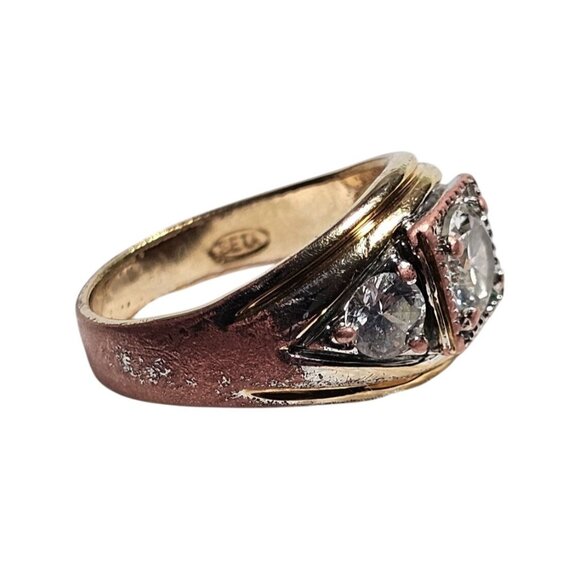 Mens Size 10 Vintage Seta 14K Gold-Plated Ring 3 Clear Stones & Textured Band - Picture 3 of 6